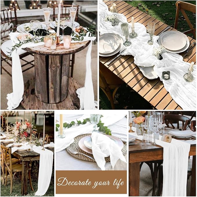 20 Pack Cheesecloth Table Runner 17 x 108 inch Long Boho Gauze Table Runners Semi Sheer Table Runner for Wedding Decor, Baby Shower, Birthday Party, Banquet (White)