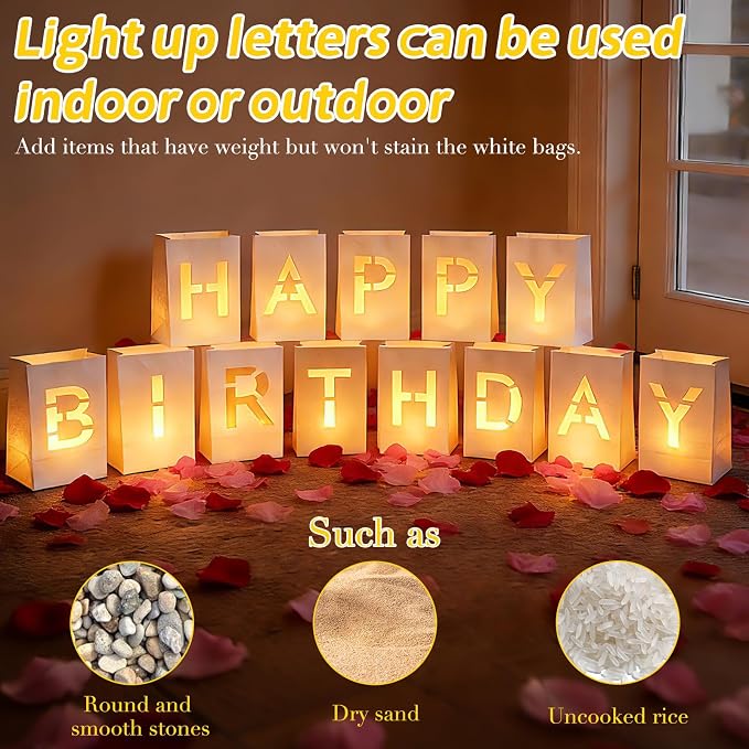 Happy Birthday Decorations, Happy Birthday Decoration for Men Women, Happy Birthday Light up Sign with 48pcs Tea Candles, 20pcs Latex Balloons, 10pcs Aluminum Balloons, 2000pcs Rose Petals