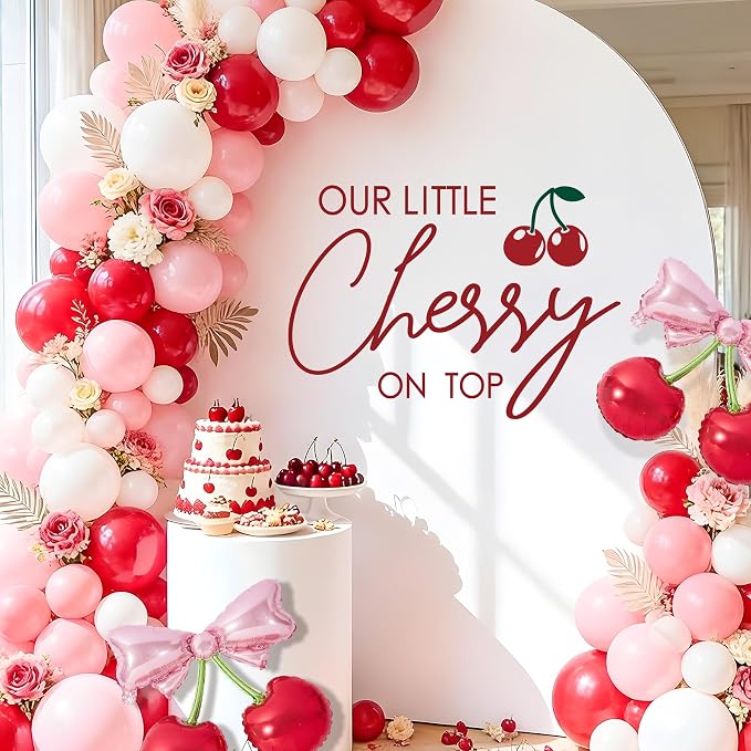 Cherry On Top Baby Shower Decorations - Our Little Cherry On Top Sign Decal for Backdrop Balloons Arch, Red Fruit Birthday Decorations for Girl, One Year Old Wall Decor, 1st Party Banner Supplies
