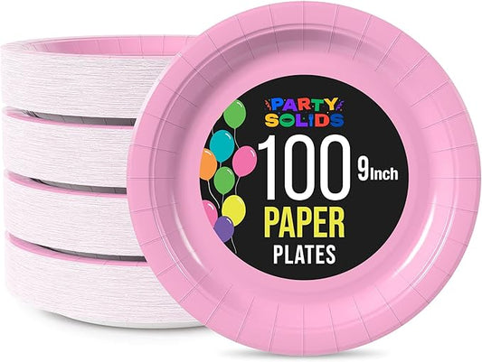 Exquisite Party Solids Pink Paper Plates Disposable Heavy Duty 9 Inch Pink Disposable Plates For Party 100 Pcs Heavy Duty 350 GSM, Birthday Supplies