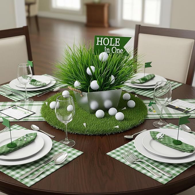 LemonRoad Large Golf Party Table Decorations Kit Includes 1 Square Iron Bucket 6 Mini Golf 15 Artificial Grass and Flags Centerpiece for Birthday Sport Themed Party Desk Supplies Rugby Favors
