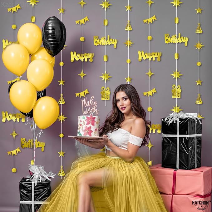 KatchOn, Gold Happy Birthday Garland Banner - 6.5 Feet, Pack of 8 No DIY | Gold Garland Birthday Decorations | Happy Bday Backdrop | Bday Decorations for Women