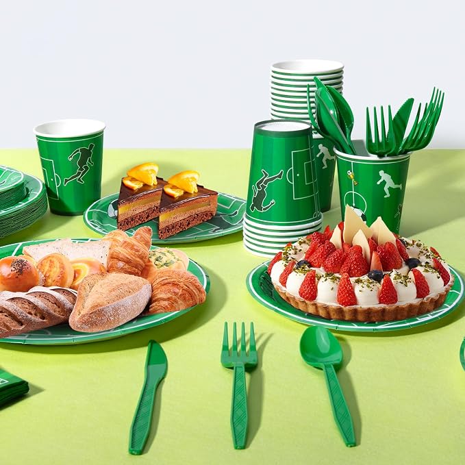 Cecnamt Soccer Birthday Decorations, 170 Pcs Soccer Party Decorations Including Banner, Plates, Cups, Napkins, Cutlery, Straws and Tablecloths, Serves 24