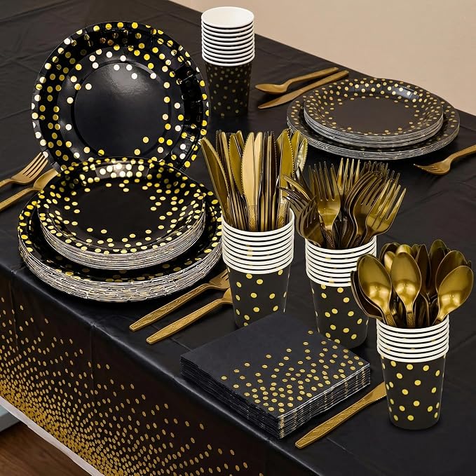 350 Pieces Gold Disposable Party Dinnerware Set &Golden Dot Disposable Party Dinnerware - Black Paper Plates Napkins Cups, Gold Plastic Forks Knives Spoons