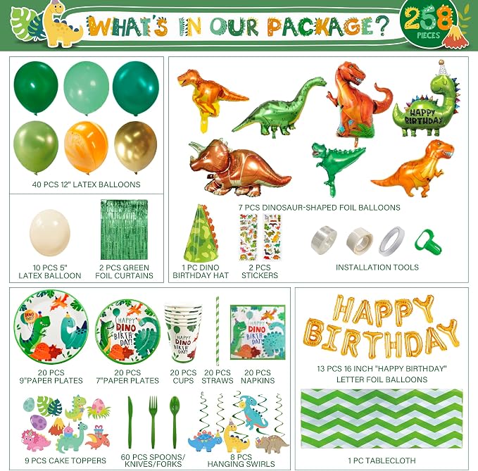 258 pcs Dinosaur Birthday Party Decorations For Boy,20 Tableware Sets,Fringe Curtains,20 Paper Plates, Paper Cups, Green Dinosaur Balloon Arch Kit