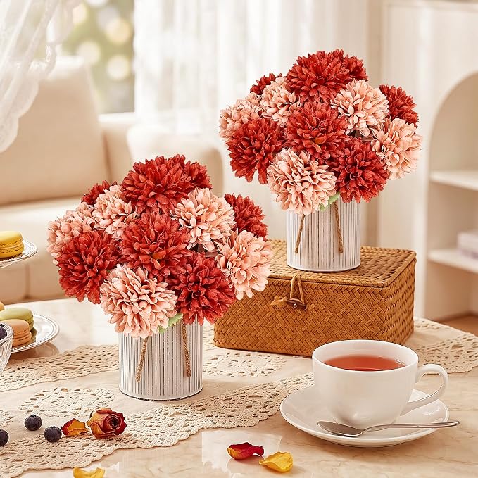 Pre-Made Flower Table Centerpieces, Set of 6 Artificial Silk Chrysanthemum with Metal Vases for Wedding, Birthday Parties, Home Decoration (Terracotta, Set of 6 Floral Arrangement)