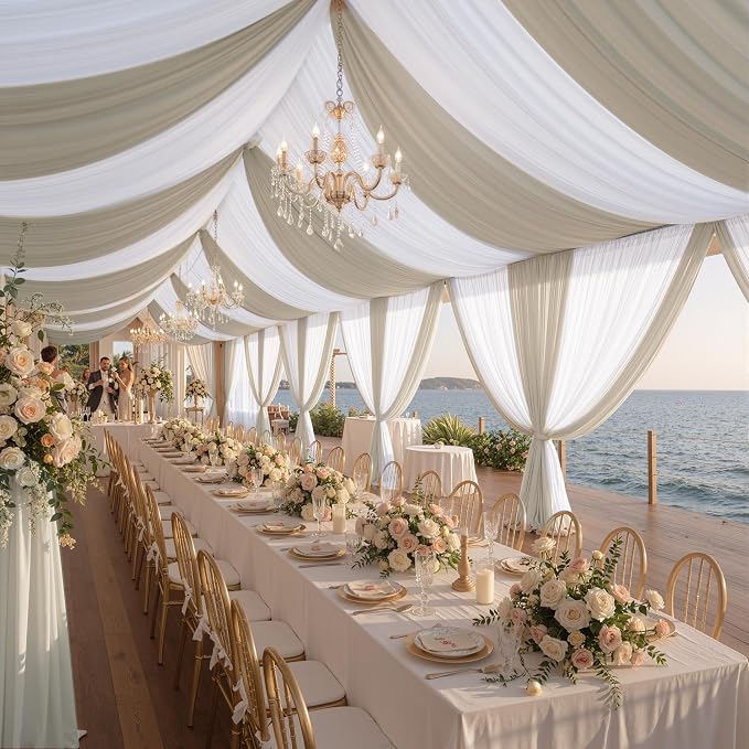 10 Panels 5x20ft Beige Ceiling Drapes for Wedding Parties, Wrinkle Free Off White Thick Polyester 20ft Extra Long Wedding Draping Arch Drapery for Birthday Party Canopy Tent Decor