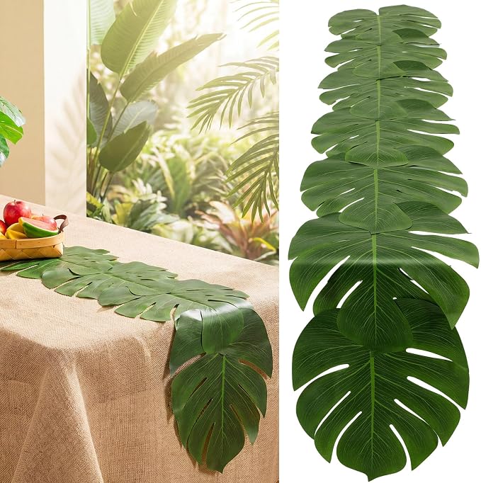 Moukeren 2 Pcs Jungle Dinosaur Party Decorations Set Artificial Palm Leaves Table Runner 70" x 11" and Large Burlap Tablecloth 105" x 53.9" Tropical Party Supplies for Birthday Jungle Hawaiian