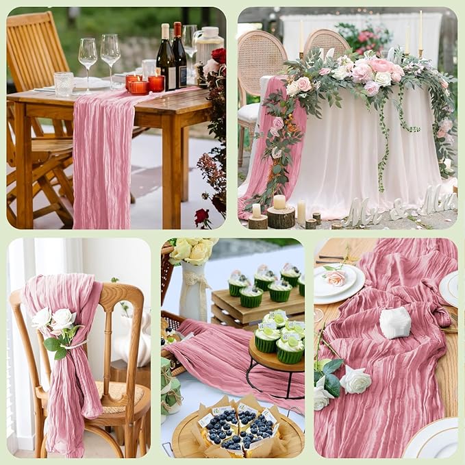 Wokceer Cheesecloth Table Runner 12Pack 10FT Pink Boho Gauze Cheese Cloth Table Runner for Party Long Rustic Sheer Table Runners for Baby Bridal Shower Wedding Easter Table Decor