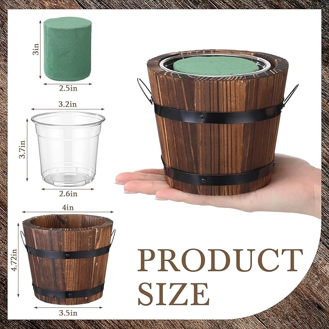Remerry 6 Pcs Rustic Wood Barrel Planter Boxes with Removable Plastic Liners & Floral Foam Blocks, Farmhouse Decor for Wedding Table, Home, Garden, Kitchen & Party Centerpieces (Classic)