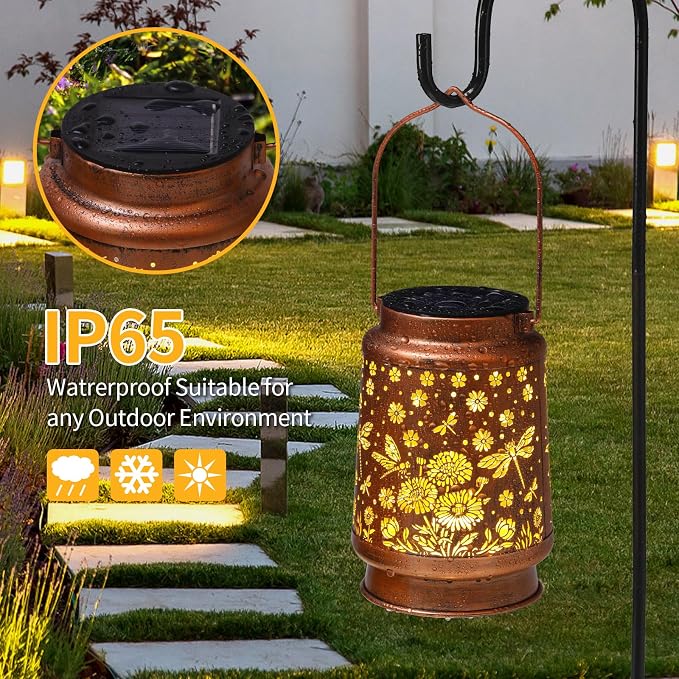 2 Pack Dragonfly Solar Lanterns Outdoor Waterproof Daisy Garden Decor Birthday Gifts for Women Mom Grandma Hanging Solar Lights Metal Lantern Decoration Outside for Porch,Patio,Yard,Backyard