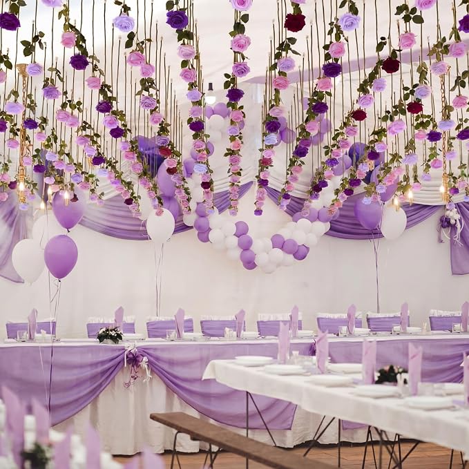 Lyrow 60 Pack Lavender Purple Artificial Flower Hanging Ornaments Purple Roses Floating Garland Moody Vintage Mauve Wedding Lilac Boho Cottagecore Ceiling Garland Bridal Shower Bouquet Table Decor