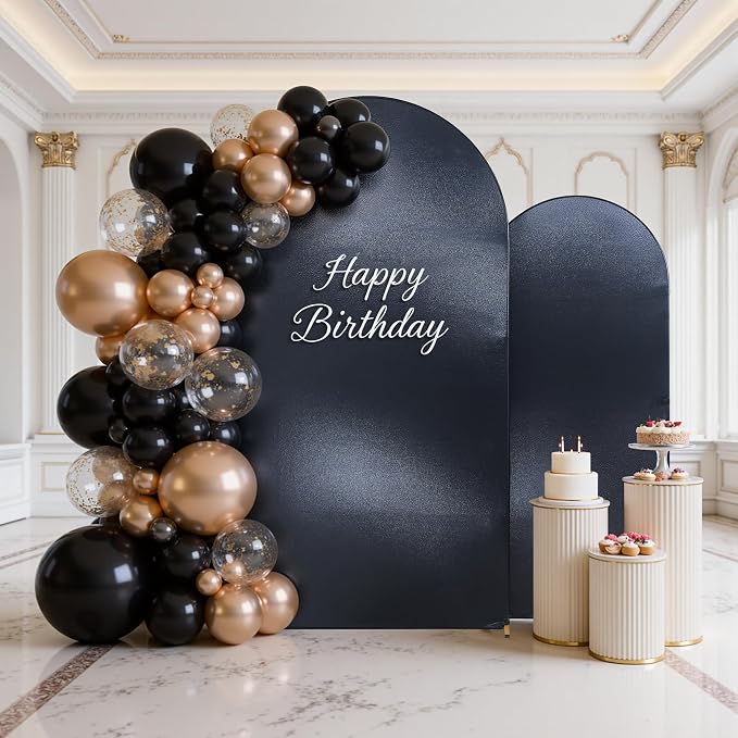 Shimmer Black Arch Backdrop Cover Set of 2 (6 7.2FT) with Zipper,Thick Soft Stretchy Sequin Glitter Spandex Fitted Chiara Cover for Wedding Birthday Baby Shower Graduation Party Photo Backdrop