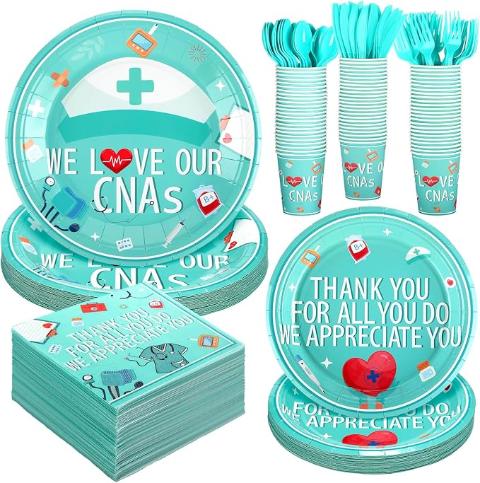 Mimorou 194 Pcs CNA Nursing Graduation Decorations Nurse Week Disposable Paper Tableware Set Happy CNA Week Party Supplies with Plates Cups Napkins for Nursing Assistant Party Supplies, Serve 24
