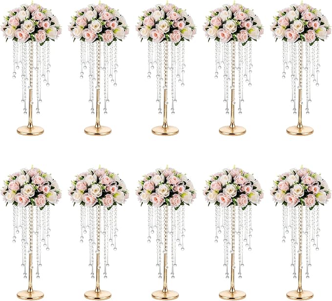 NUPTIO Gold Vases for Centerpieces Wedding - 10 Pcs 21.7in Tall Vase Centerpieces for Tables - Chandelier Flower Stand Bulk