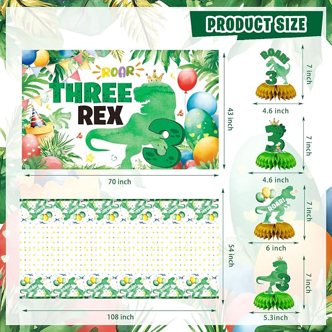 Dinosaur 3rd Birthday Decorations for Boys, 132Pcs Three Dino Rex Dinosaur Party Decor Supplies - Backdrop, Banner, Tablecloth, Centerpieces, Temporary Tattoos, Fans Pompoms, Wall Signs
