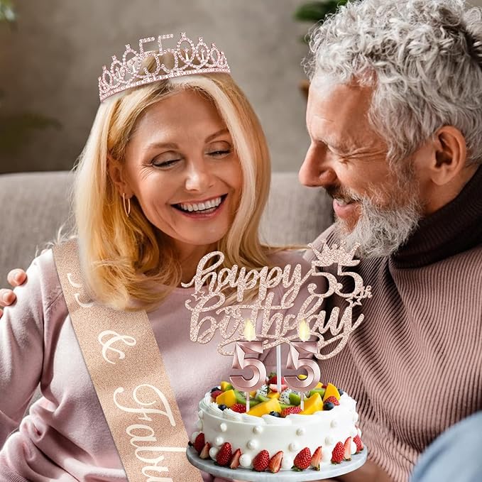55 Birthday Decorations for Women, Including 55th Birthday Sash and Tiara, Cake Topper and Candles, Number Balloons, 55 Year Old Gifts for Women