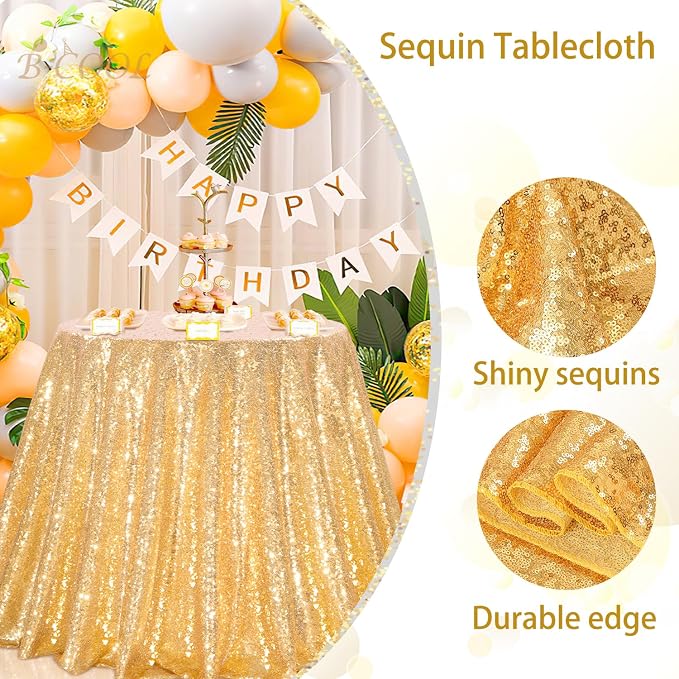 B-COOL Gold Sequin Tablecloth Party Decorations: 90 Inch Round Table Cloth Sequins Fabric Overlay for Indoor Outdoor Dining Parties