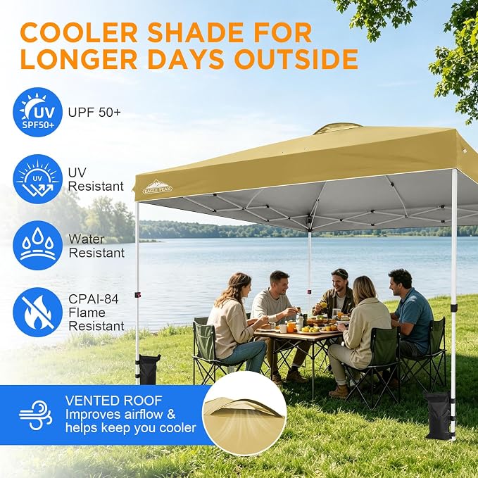 EAGLE PEAK Pop Up Canopy Tent with Wheeled Carry Bag, 8 Stakes, 4 Ropes, 4 Weight Bags, Easy Set Up Tent Canopy, 12x12 ft, 144sqft of Shade, Beige