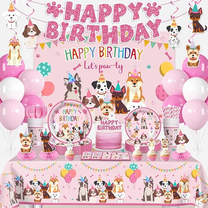 Cocomigo Dog Birthday Decorations, 230 Pcs Puppy Birthday Party Decorations Set with Backdrop, 2 Tablecloths, Plates, Napkins, Balloons & Banner, All-in-One Dog Party Supplies, Serves 25