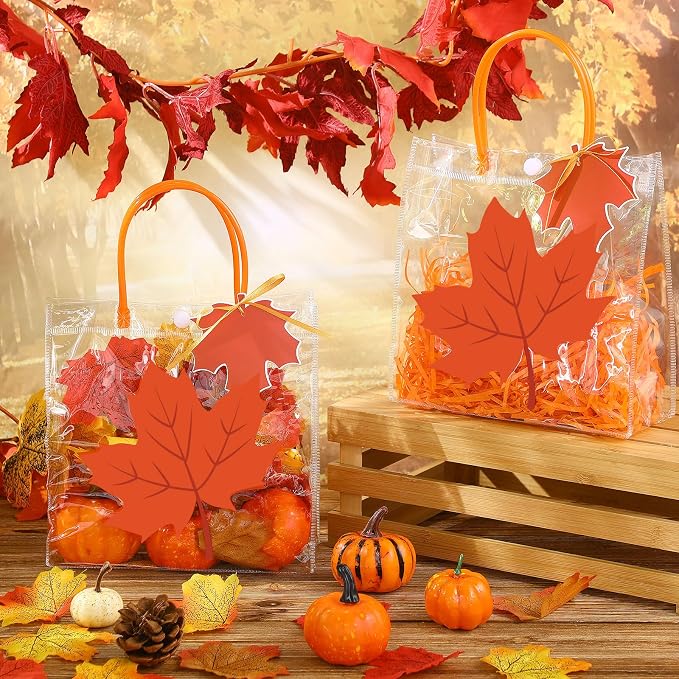 Hosuly 24 Pcs Thanksgiving PVC Gift Bags with Handles Button Reusable Clear Fall Maple Leaf Candy Treat Goodie Bags for Autumn Harvest Halloween Birthday Baby Shower Party Favors Supplies