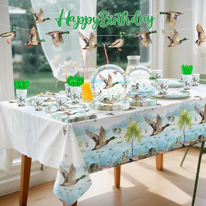 171pcs Mallard Duck Party Supplies Mallard Duck Party Plates Napkins Tableware Set Disposable Paper Cups Green Forks Tablecloth and Banner Duck Hunting Birthday Party Decorations Serves 24