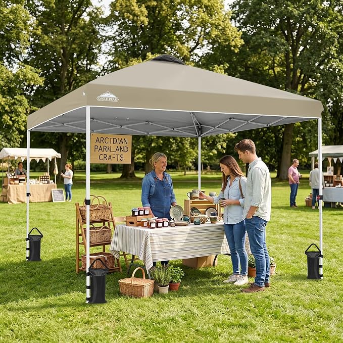 EAGLE PEAK Pop Up Canopy Tent with Wheeled Carry Bag, 8 Stakes, 4 Ropes, 4 Weight Bags, Easy Set Up Tent Canopy, 10x10 ft, 100sqft of Shade, Light Beige