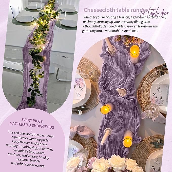 1 Pack Cheesecloth Table Runner 10FT Purple Table Runner Boho Gauze Cheese Cloth Table Runners Long Rustic Sheer Table Decorations for Wedding Party Baby Bridal Shower Birthday Holiday Home