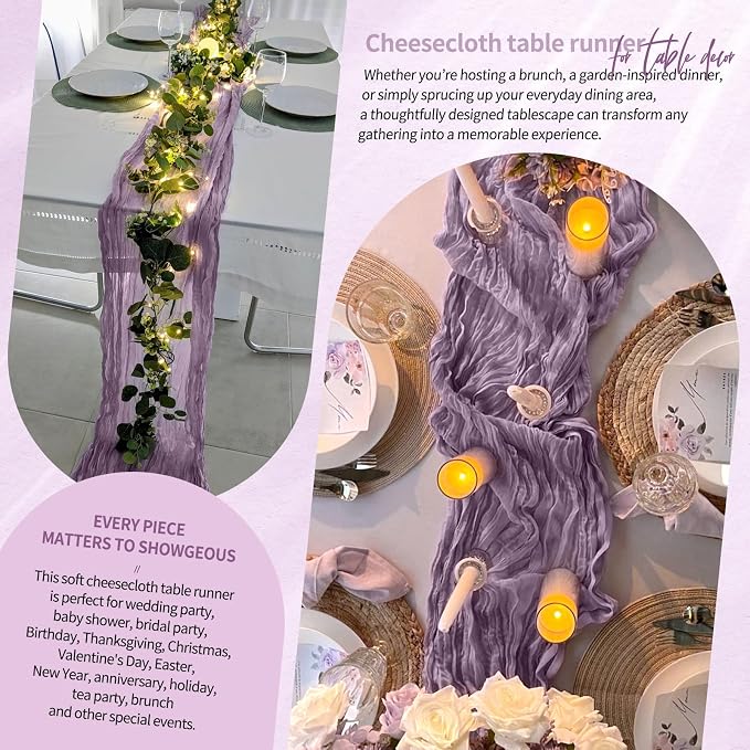 10 Pack Purple Cheesecloth Table Runner 10FT Boho Gauze Cheese Cloth Table Runners Romantic Rustic Sheer Table Decorations for Wedding Party Baby Shower Birthday Holiday Home