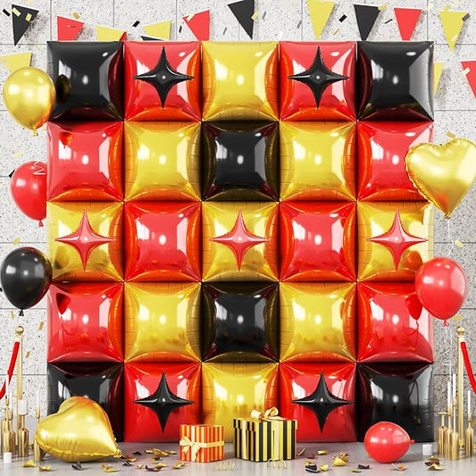 32PCS Black Red Square Foil Balloons Kit, Double Sided Red Black and Metallic Gold Balloon with Star Balloons Backdrop Flat Tunnel for Birthday Graduation Casino Game Race Car Party Decor Background