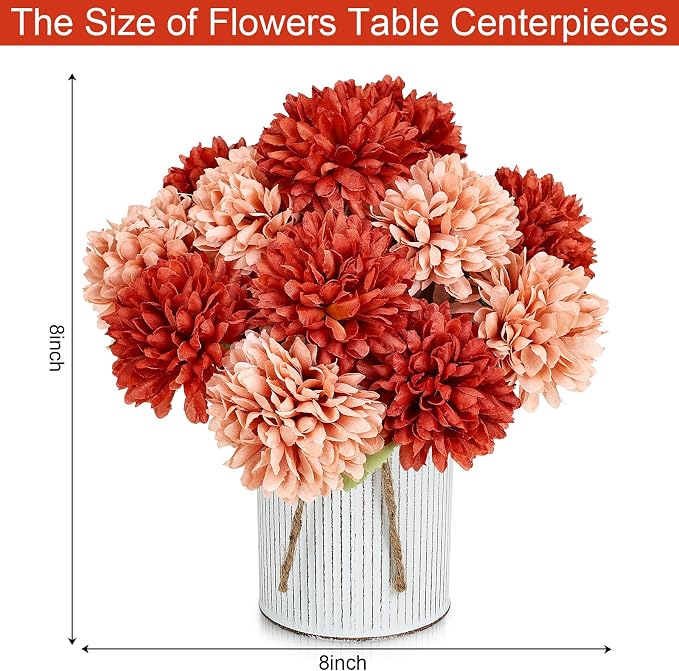 Pre-Made Flower Table Centerpieces, Set of 6 Artificial Silk Chrysanthemum with Metal Vases for Wedding, Birthday Parties, Home Decoration (Terracotta, Set of 6 Floral Arrangement)