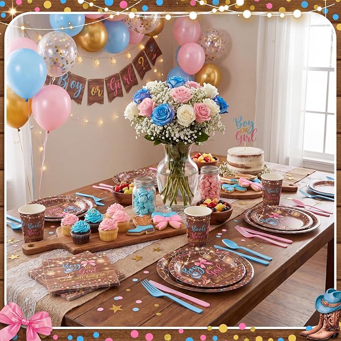 400 Pcs Boots or Bows Gender Reveal Party Decoration for 50, Gender Reveal Plates Napkins Cups Cutlery Pink Blue Western Disposable Tableware for Boy or Girl Baby Shower Party Supplies