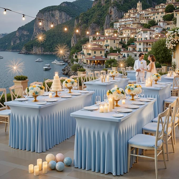 Outpain Dusty Blue Spandex Table Clothes for 6 Foot Rectangle Tables-6Pack 6FT Spandex Fitted Table Cover, Wrinkle Free Tablecloths with Skirt for Parties, Wedding, Birthday, Banquet, Festival