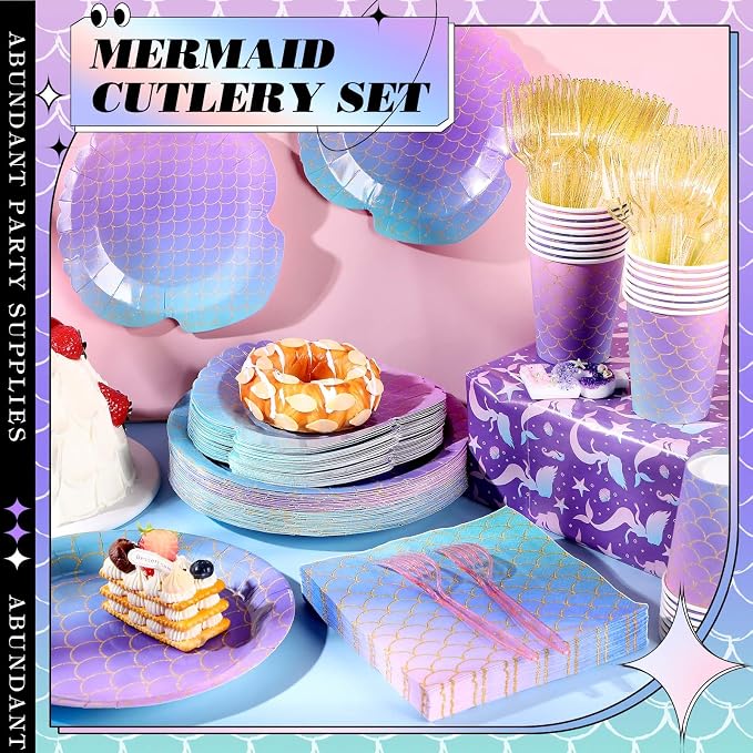 Blushtier 120 Pcs Mermaid Party Supplies Mermaids Themed Decorations Under the Sea Disposable Dinnerware Set Includes Plates Napkins Cups Fork for Birthday Party, Serves 24 Guests
