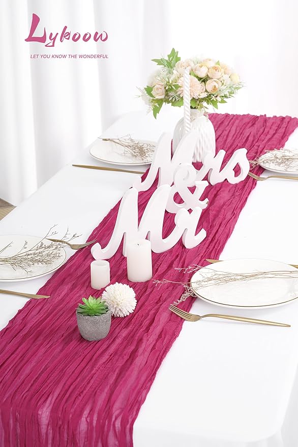 10 Packs Cheesecloth Table Runner, 10Ft x 35" Rose Red Rustic Gauze Boho Wedding Table Decor, Hot Pink