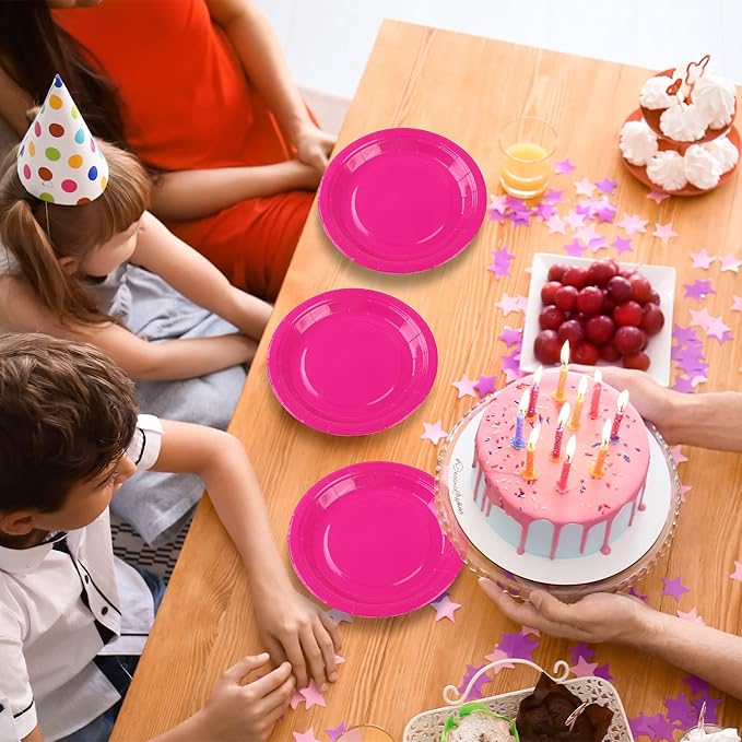 Breroa 72 Pieces Hot Pink Paper Plates 7 Inch Bulk Paper Plates Disposable Round Dessert Plate Heavy Duty Solid Color Plate Table Decors Party Supply for Birthday Party, Dinner Table, Wedding