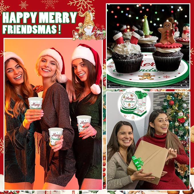 168 Pcs Merry Friendsmas Christmas Party Supplies Gingerbread Party Decorations Merry Friend Christmas Tableware Set Disposable Paper Plates Cup Utensils Serve 24 for Winter Holiday Parties