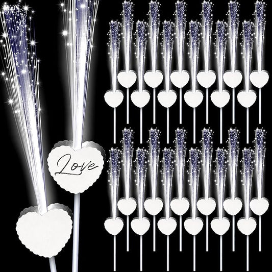 Tujoe 24 Pcs LED Wedding Sparklers Glow Sticks Heart Shape Long Fiber Optic Wands with 3 Light Modes for Send Off Reception Valentine Proposal Carnival Birthday Party Supplies Dance Floor Prop (White)
