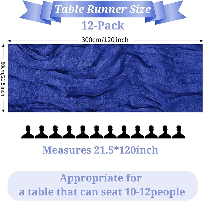 Pesonlook 12 Pack Royal Blue Cheesecloth Boho Table Runner, 10FT Long Semi-Sheer, 21.5' W x 120' L, Polyester, Solid, Wedding & Party Decorations
