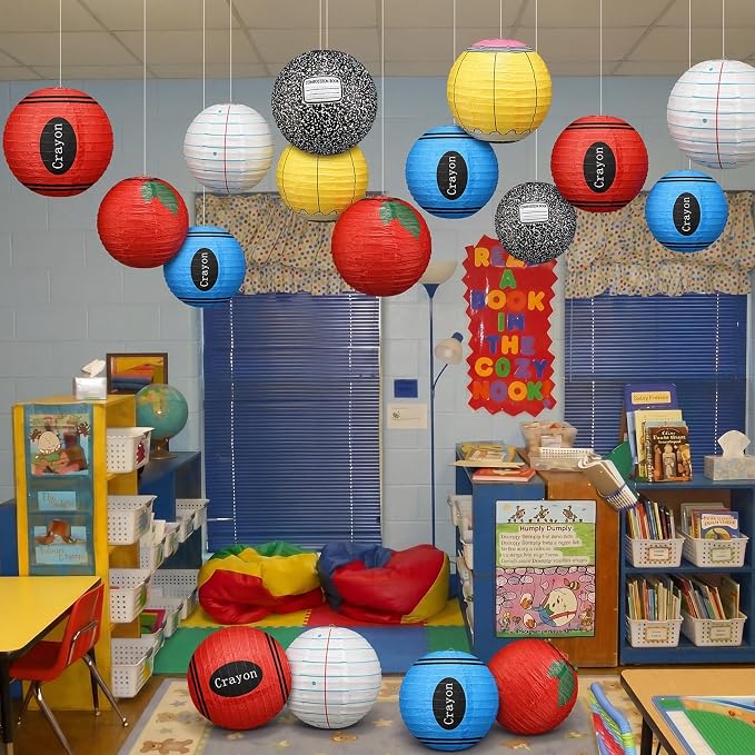 Retisee 12 Pcs Back to School Classroom Paper Lanterns 10 Inch Classroom Hanging Decoration Pencil Crayon Apple Decorative Lanterns Ceilings Decor for First Day of School Welcome Party Supplies