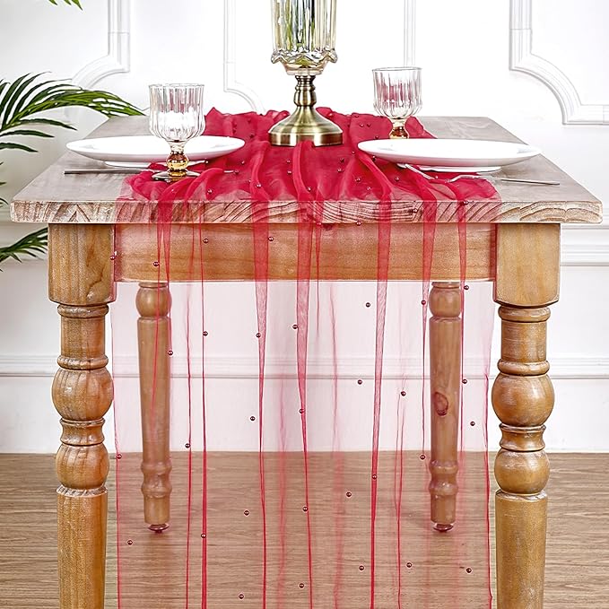Tulle Table Runner Pearl Fabric: Red Mother's Day Veil Dessert Chiffon Pearl Lace Boho 12pcs Overlay Valentine's Wedding Aisle Runner Party Decorations Doilies Christmas