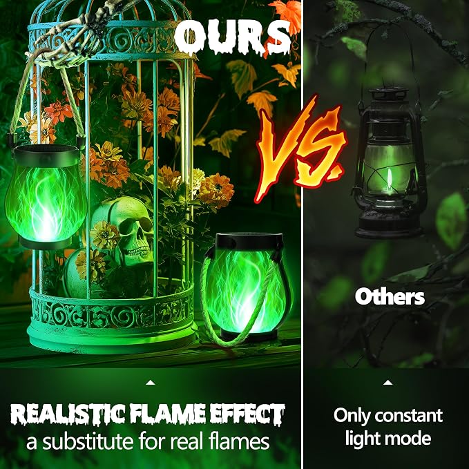 Jyoiat Solar Flame Lantern Hanging Outdoor Waterproof - 2 Pack Flame Lanterns with Dual Charging Modes of Solar & USB for Garden or Yard Decorations (Green - 2 Pack)