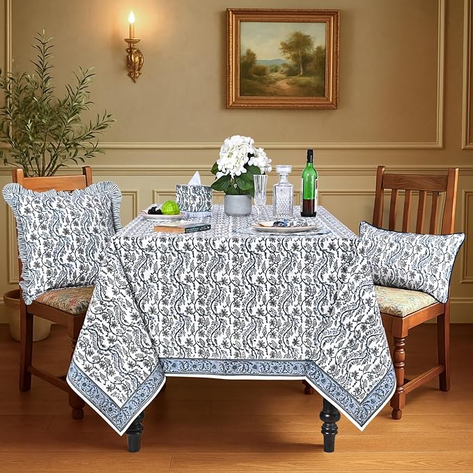 Ridhi Baby Blue Eyes Hand Block Print Cotton Rectangle Tablecloth 160" x 72" inches Reusable Table Cover Decorative Everyday Use for Dining Room, Farmhouse, Home Gift for Spring, Mother's Day