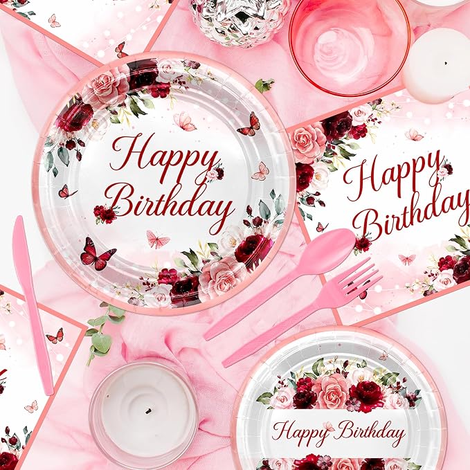 Avezano 168 PCS Burgundy Birthday Party Decorations Rose Gold Floral Birthday Tableware Set Floral Plates Napkins Supplies for Women Girls, Serves 24