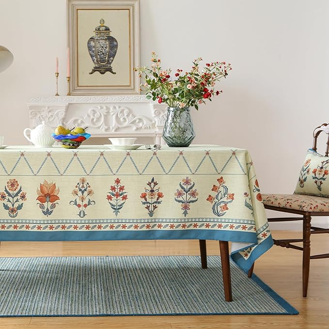 ISAENNE Designer Vintage Linen Rectangular Tablecloth,71"x55"-Floralsea B | French Elegant Printed Table Cloth for Rectangle Table,Floral Pattern,Decor,Heavyweight,Dining Room,Kitchen,Thanksgiving