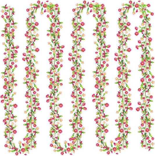 4 Pack Spring Flower Garland, 27.2 Ft Silky Artificial Pink Garland with Pink Daisy and Vine, Floral Garlands Decoration for Room Wall, Flower Themed Party, Wedding Supplies
