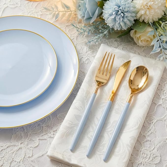 DaYammi 150Pcs Blue Plastic Plates with Gold Rim,Disposable Blue Party Plates Include 30 Dinner Plate,30 Salad Plate,30 Forks,30 Knives,30 Spoons,Fancy Disposable Platos for Party,Wedding,Baby Shower
