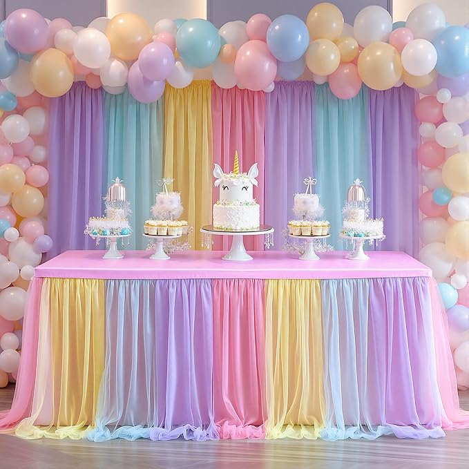 4 Pack Rainbow Tablecloths with Tulle Table Skirt for 6 Foot Rectangle Tables, Party Ruffle Tutu Table Skirt Stretch Fitted Covers for Wedding Reception Birthday Baby Shower Celebration Banquet Event