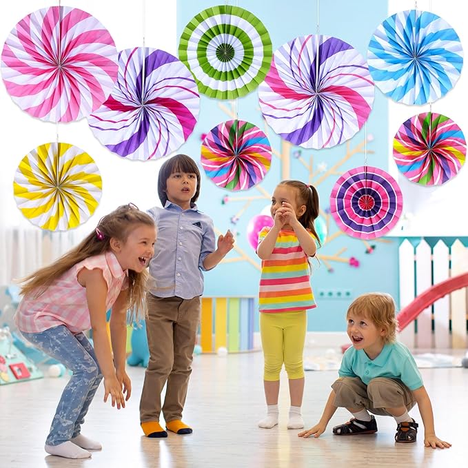 Outus Hanging Paper Fans Decorations Candy Party Classroom Decoration Colorful Peppermint Candy Paper Fan Ceiling Wall Garland for Candyland Themed Birthday Party Supplies(27 Pcs,Classic)
