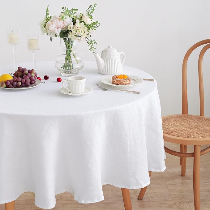 Linen World Linen Tablecloth,100% French Linen Round Tablecloth 70" Inch,Washable White Tablecloth for Dining,Outdoor,Weddings and Restaurants,Decorative Thanksgiving Christmas